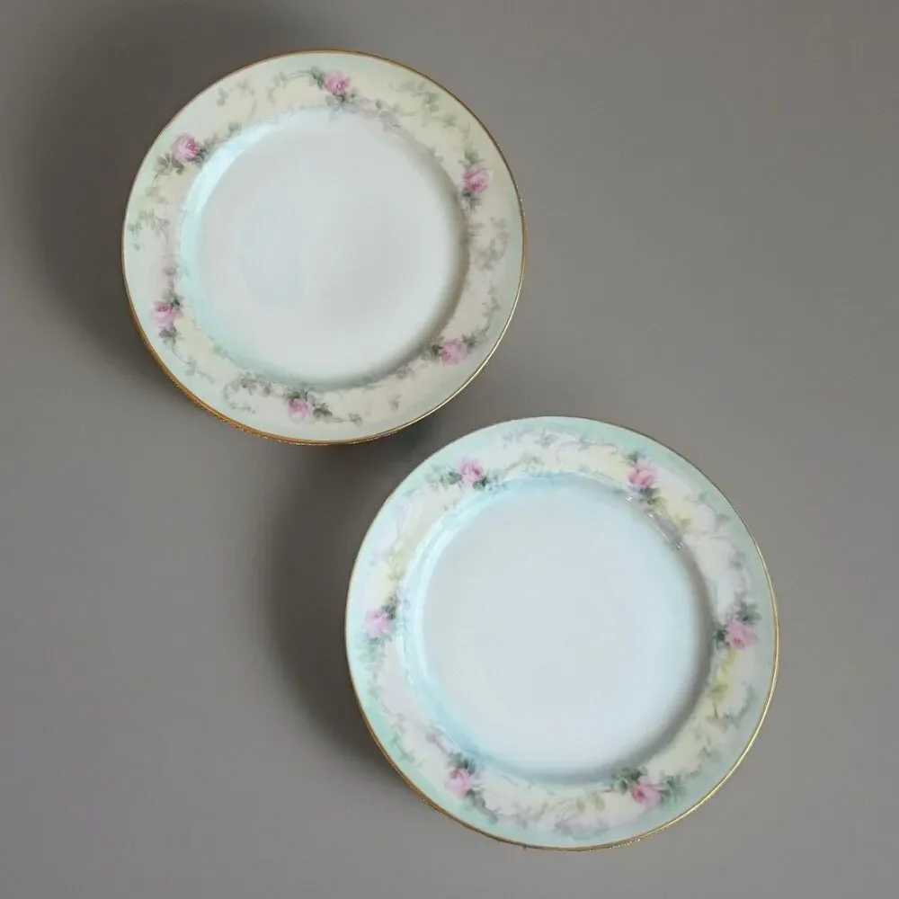 Set Of 2 Antique Limoges France Hand Painted Pink Roses Floral Blue Gold 7 1/2”